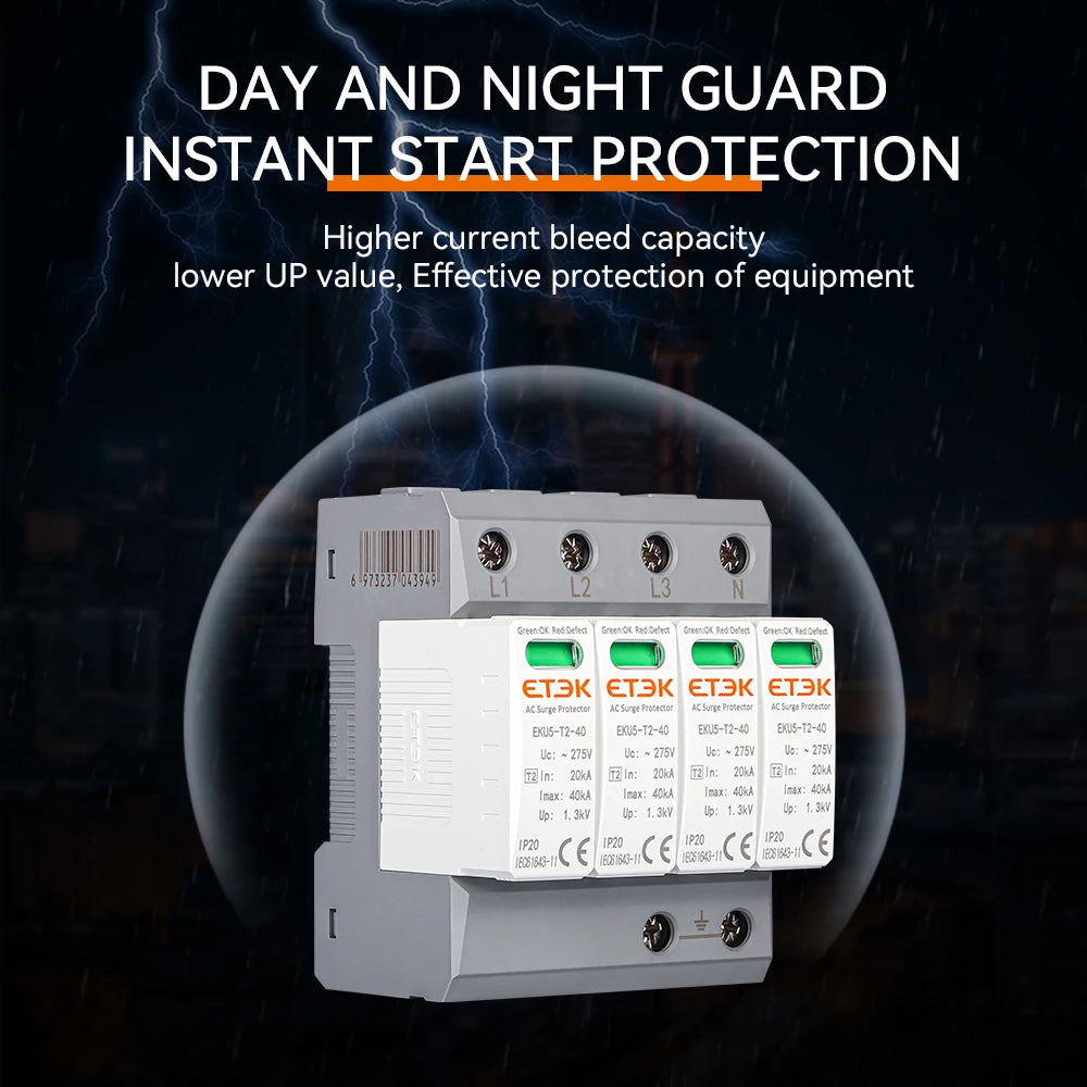 Protector contra sobretensiones ETEK EKU5 con fusibles Tipo 2 (SPD) 275V AC 3P+N,40kA