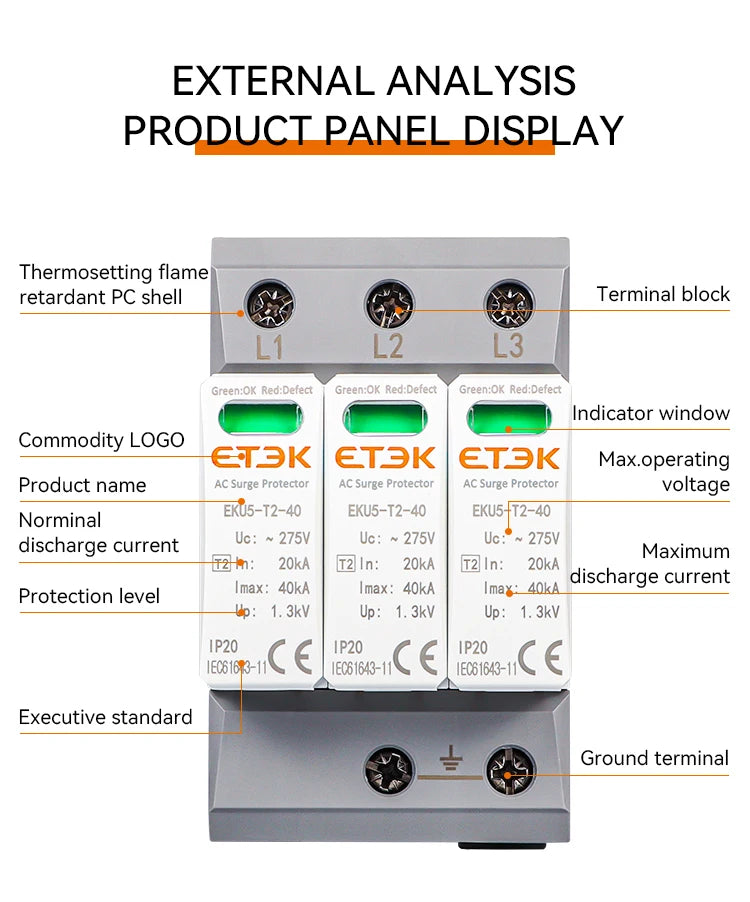 Protector contra sobretensiones ETEK EKU5 con fusibles Tipo 2 (SPD) 275V AC 3P+N,40kA