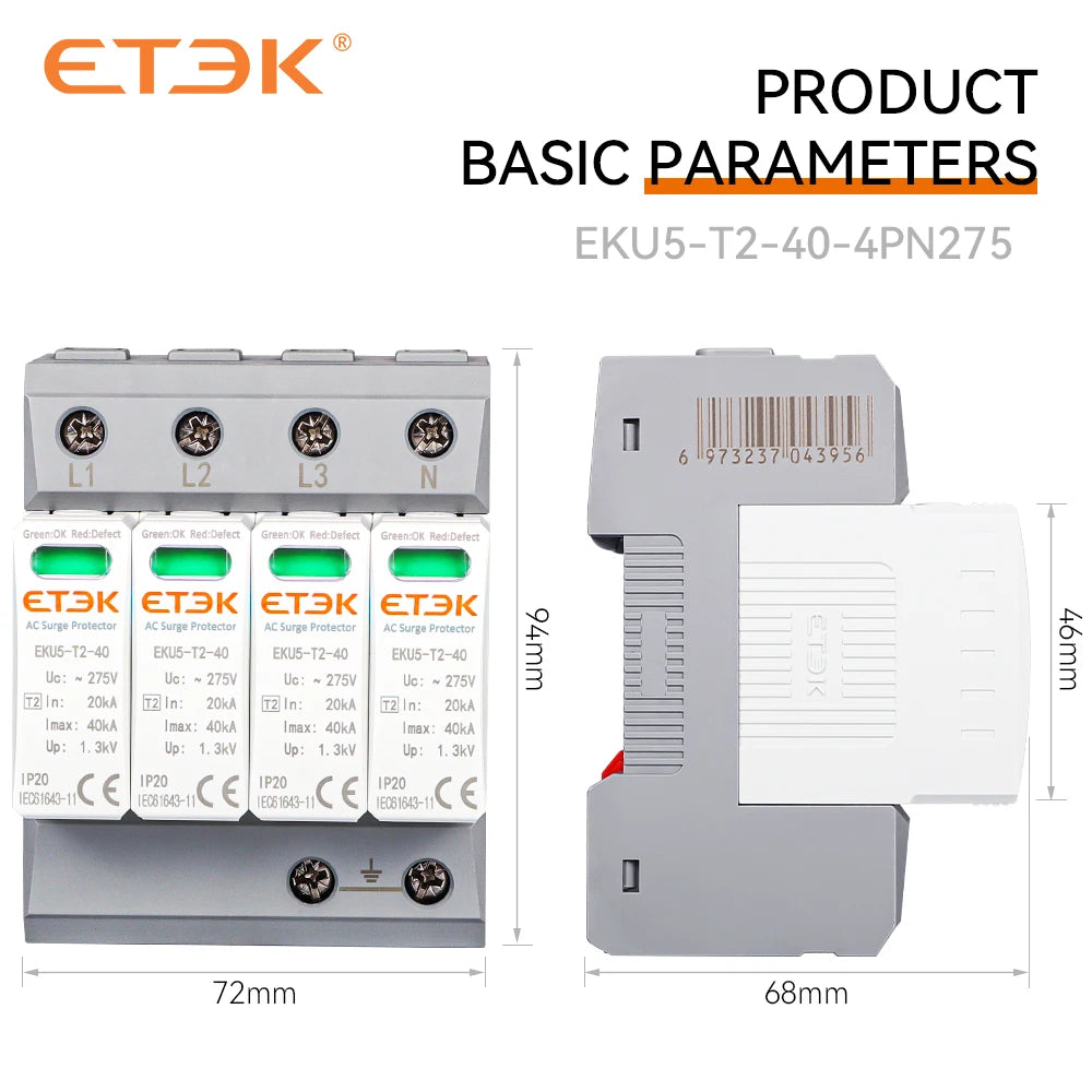 Protector contra sobretensiones ETEK EKU5 con fusibles Tipo 2 (SPD) 275V AC 3P+N,40kA