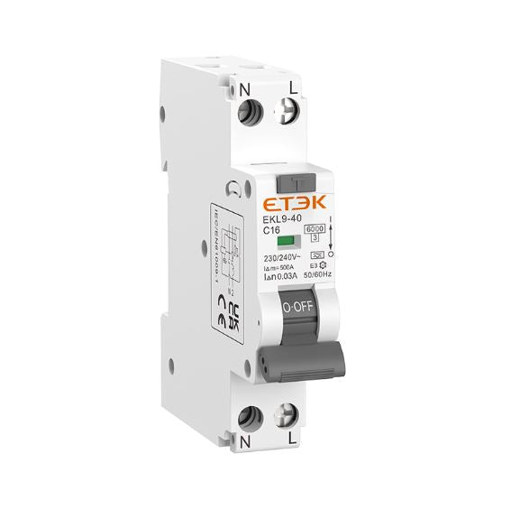 Interruptor Diferencial ETEK EKL9 (RCBO) Tipo A 30mA 230V, para carril DIN