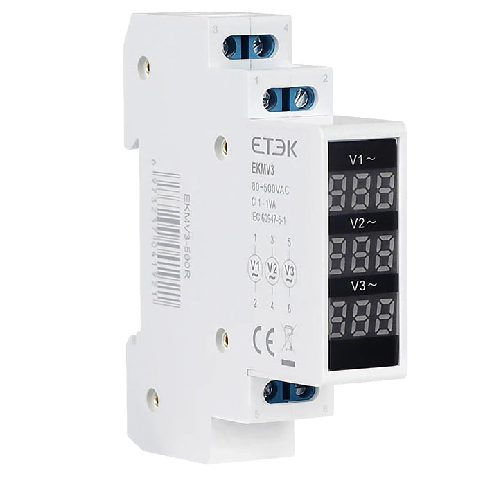 Voltímetro digital modular trifásico ETEK EKMV3-500R 80–500V AC, pantalla LED de 3 dígitos, montaje en carril DIN