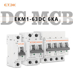 Interruptor magnetotérmico en DC ETEK EKM1-63DC 2P/4P 6kA 500/1000V, montaje en carril DIN