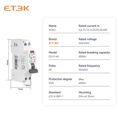 Interruptor Diferencial ETEK EKL9 (RCBO) Tipo A 30mA 230V, para carril DIN