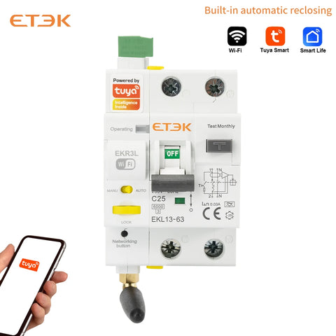 Interruptor diferencial inteligente ETEK EKR3L 1P+N Tipo A 30mA 230V con rearme automático y control remoto vía app Tuya