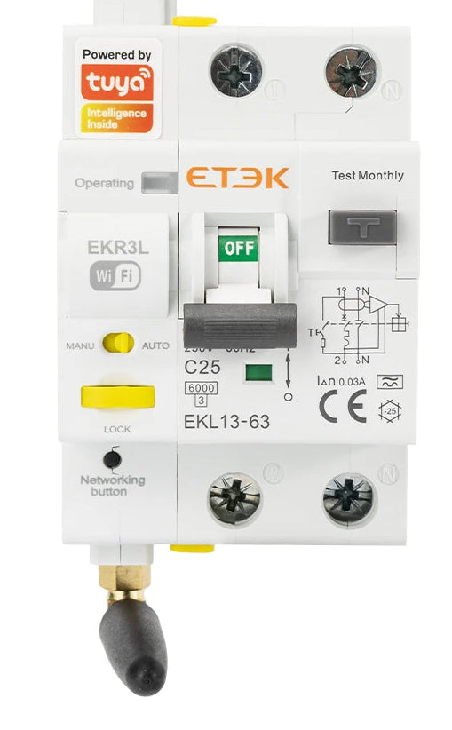 Interruptor diferencial inteligente ETEK EKR3L 1P+N Tipo A 30mA 230V con rearme automático y control remoto vía app Tuya