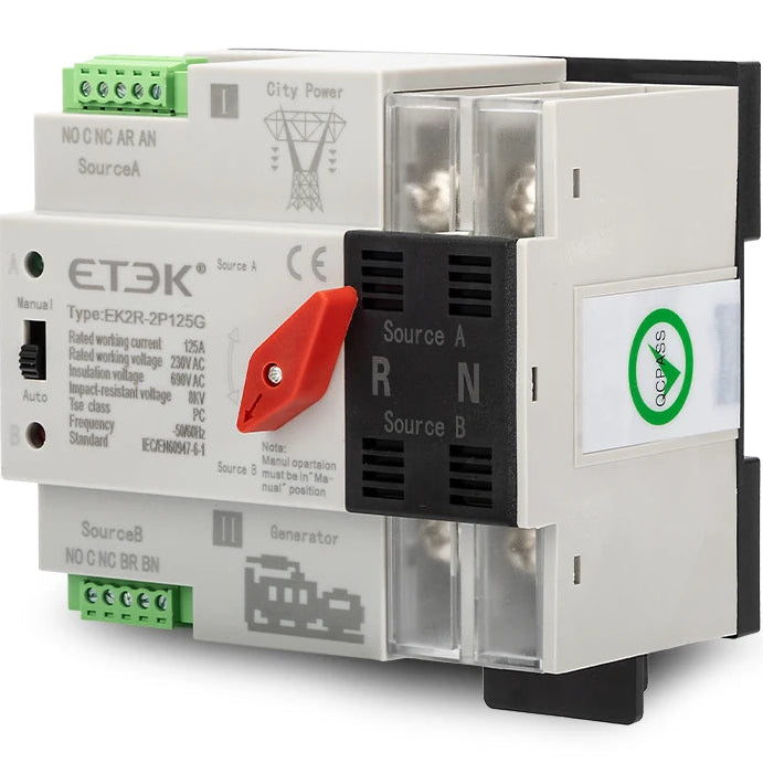 Interruptor de transferencia automático y/o manual (ATS) ETEK EK2R montaje en carril DIN