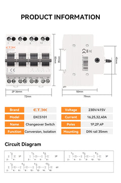 Interruptor de transferencia manual (MTS) ETEK montaje en carril DIN
