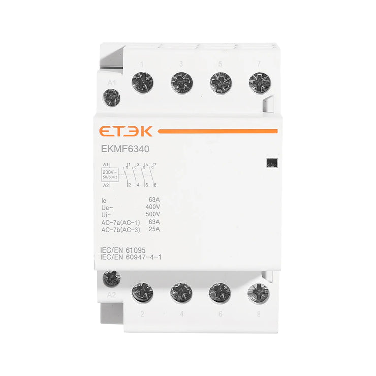 Contactor modular ETEK EKMF 3P+N 25–63A 400V AC, montaje en carril DIN