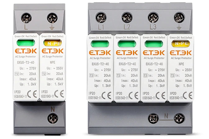 Protección contra sobretensiones SPD Tipo T2 con fusibles, montaje en carril DIN