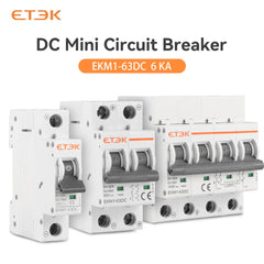 Interruptor magnetotérmico en DC ETEK EKM1-63DC 2P/4P 6kA 500/1000V, montaje en carril DIN