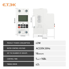 Temporizador digital semanal programable ETEK EKTS316 230V 40A, montaje en carril DIN