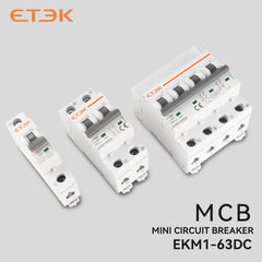 Interruptor magnetotérmico en DC ETEK EKM1-63DC 2P/4P 6kA 500/1000V, montaje en carril DIN