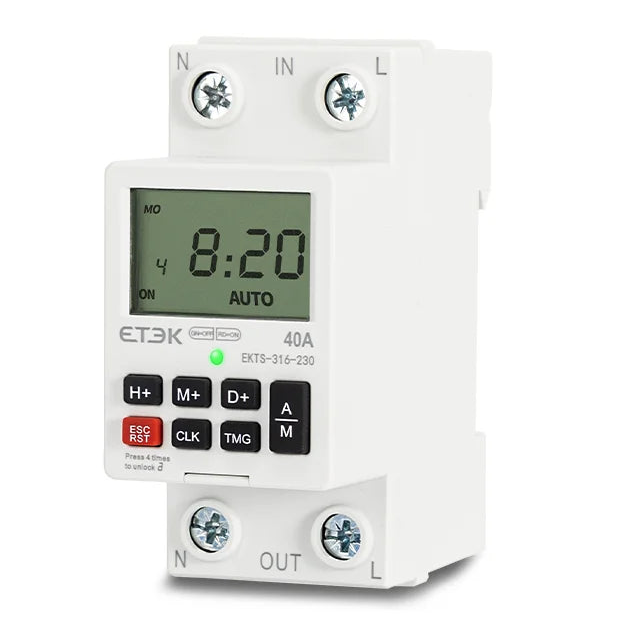 Temporizador digital programable 230V con batería de respaldo, montaje en carril DIN