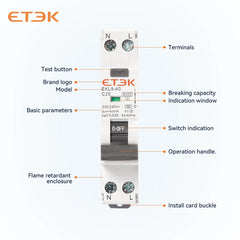 Interruptor Diferencial ETEK EKL9 (RCBO) Tipo A 30mA 230V, para carril DIN