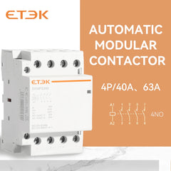 Contactor modular ETEK EKMF 3P+N 25–63A 400V AC, montaje en carril DIN