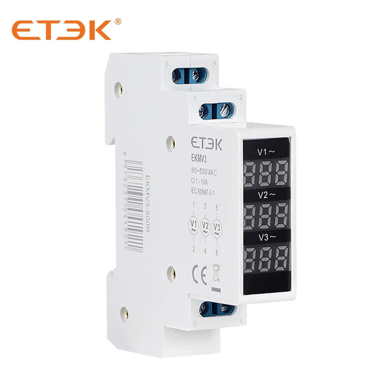 Voltímetro digital modular trifásico ETEK EKMV3-500R 80–500V AC, pantalla LED de 3 dígitos, montaje en carril DIN