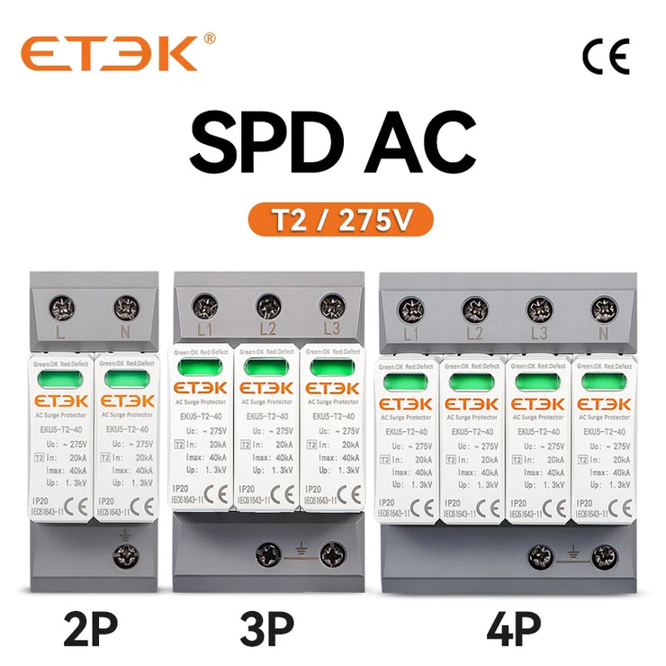 Protector contra sobretensiones ETEK EKU5 con fusibles Tipo 2 (SPD) 275V AC 3P+N,40kA