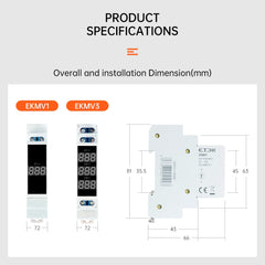 Voltímetro digital modular trifásico ETEK EKMV3-500R 80–500V AC, pantalla LED de 3 dígitos, montaje en carril DIN