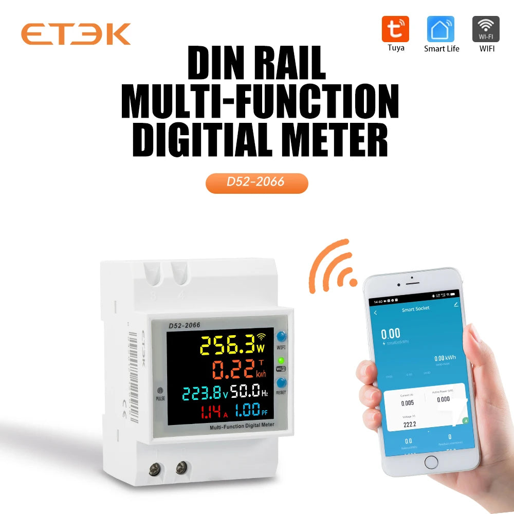 Medidor Multifunción Inteligente ETEK EKD52 6 en 1 | Montaje en Carril DIN | Monitoreo de Voltaje, Corriente, Potencia, Energía, Frecuencia y Factor de Potencia | 100A | App TUYA