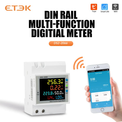 Medidor Multifunción Inteligente ETEK EKD52 6 en 1 | Montaje en Carril DIN | Monitoreo de Voltaje, Corriente, Potencia, Energía, Frecuencia y Factor de Potencia | 100A | App TUYA