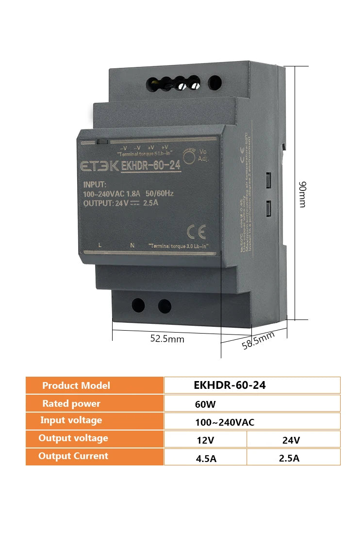 Fuente de Alimentación Industrial Ultra Fina ETEK EKHDR 12V / 24V | 15W / 60W | Montaje en Riel DIN | Protección contra Cortocircuitos