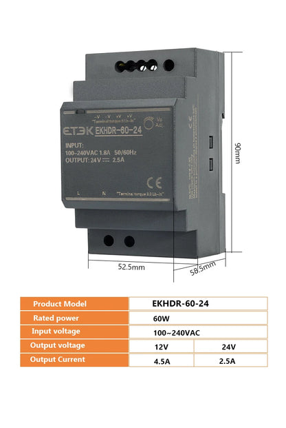 Fuente de Alimentación Industrial Ultra Fina ETEK EKHDR 12V / 24V | 15W / 60W | Montaje en Riel DIN | Protección contra Cortocircuitos