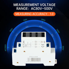 Voltímetro digital modular trifásico ETEK EKMV3-500R 80–500V AC, pantalla LED de 3 dígitos, montaje en carril DIN