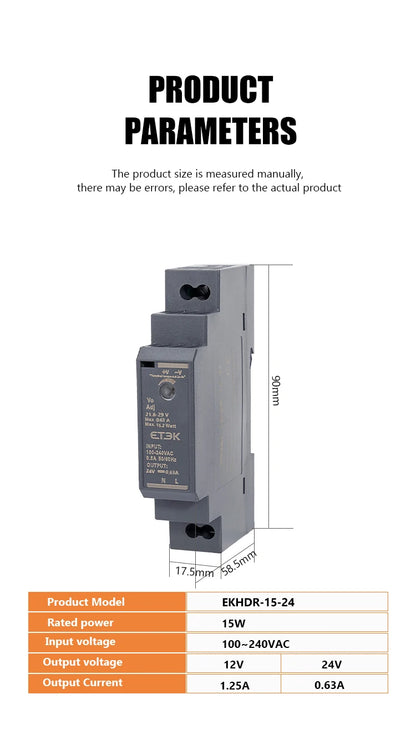 Fuente de Alimentación Industrial Ultra Fina ETEK EKHDR 12V / 24V | 15W / 60W | Montaje en Riel DIN | Protección contra Cortocircuitos