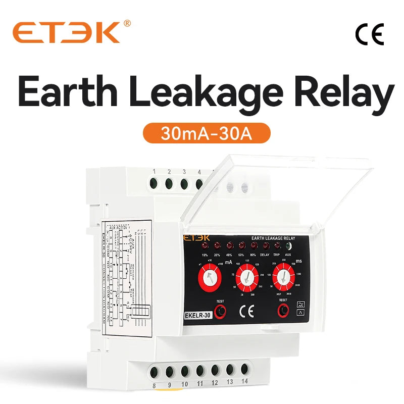 Relé de Fugas a Tierra ETEK EKELR-30 | Protección de Corriente de Fuga Ajustable | Retardo AC | 30mA / 30A | 230V