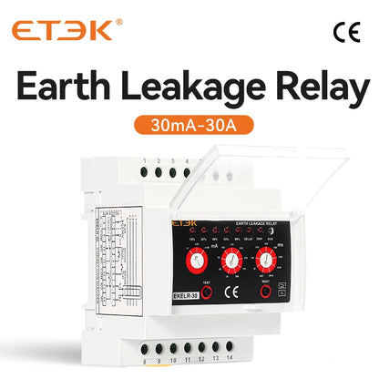 Relé de Fugas a Tierra ETEK EKELR-30 | Protección de Corriente de Fuga Ajustable | Retardo AC | 30mA / 30A | 230V