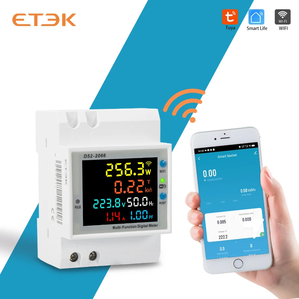 Medidor Multifunción Inteligente ETEK EKD52 6 en 1 | Montaje en Carril DIN | Monitoreo de Voltaje, Corriente, Potencia, Energía, Frecuencia y Factor de Potencia | 100A | App TUYA