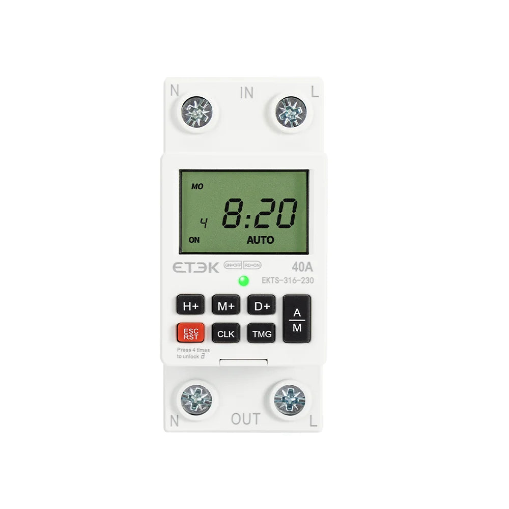 Temporizador Digital Semanal Programable ETEK EKTS316 220V 40A con Montaje en Carril DIN y Batería de Respaldo