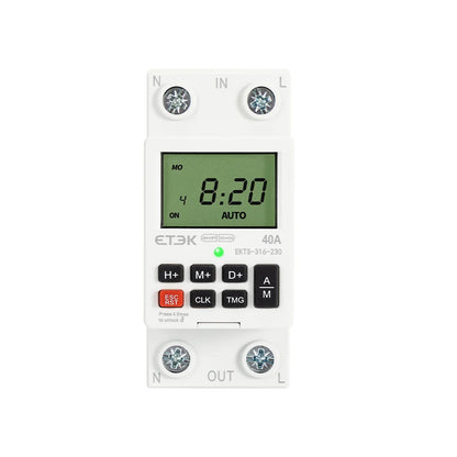 Temporizador Digital Semanal Programable ETEK EKTS316 220V 40A con Montaje en Carril DIN y Batería de Respaldo