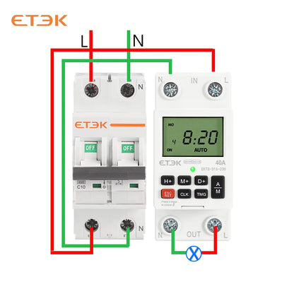 Temporizador Digital Semanal Programable ETEK EKTS316 220V 40A con Montaje en Carril DIN y Batería de Respaldo
