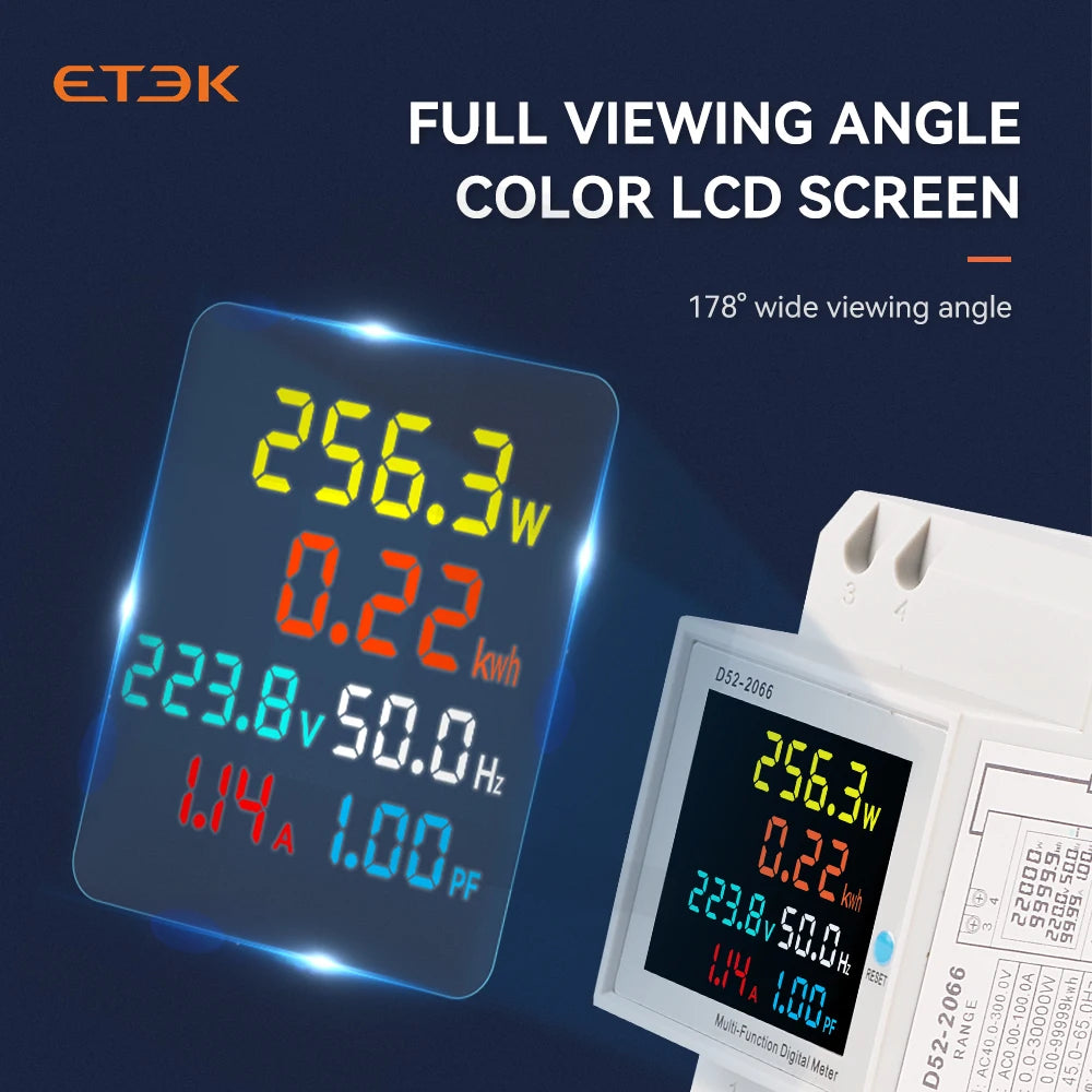 Medidor Multifunción Inteligente ETEK EKD52 6 en 1 | Montaje en Carril DIN | Monitoreo de Voltaje, Corriente, Potencia, Energía, Frecuencia y Factor de Potencia | 100A | App TUYA