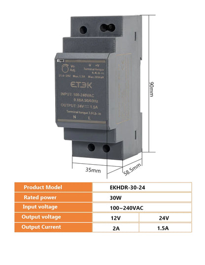 Fuente de Alimentación Industrial Ultra Fina ETEK EKHDR 12V / 24V | 15W / 60W | Montaje en Riel DIN | Protección contra Cortocircuitos