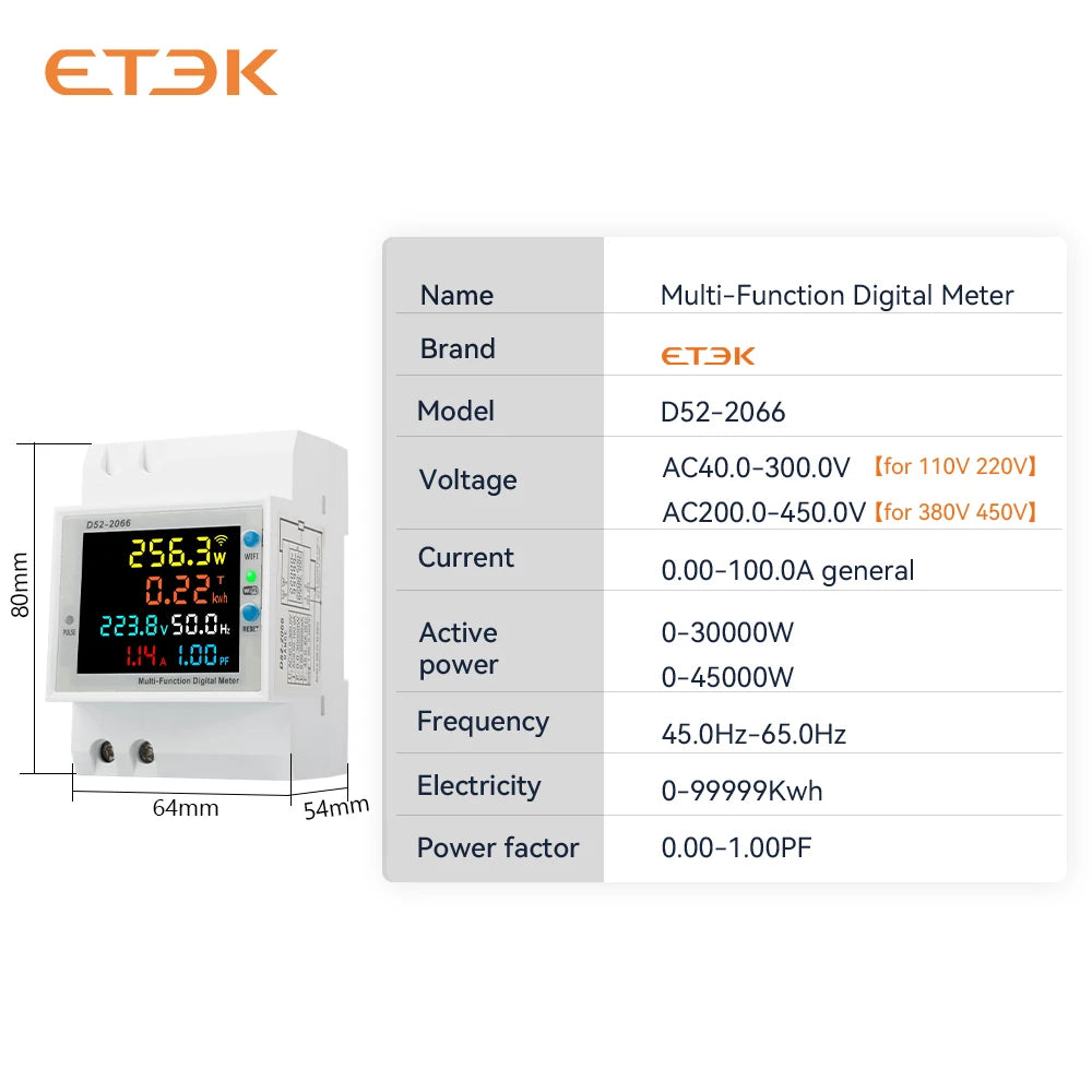 Medidor Multifunción Inteligente ETEK EKD52 6 en 1 | Montaje en Carril DIN | Monitoreo de Voltaje, Corriente, Potencia, Energía, Frecuencia y Factor de Potencia | 100A | App TUYA