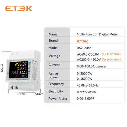 Medidor Multifunción Inteligente ETEK EKD52 6 en 1 | Montaje en Carril DIN | Monitoreo de Voltaje, Corriente, Potencia, Energía, Frecuencia y Factor de Potencia | 100A | App TUYA