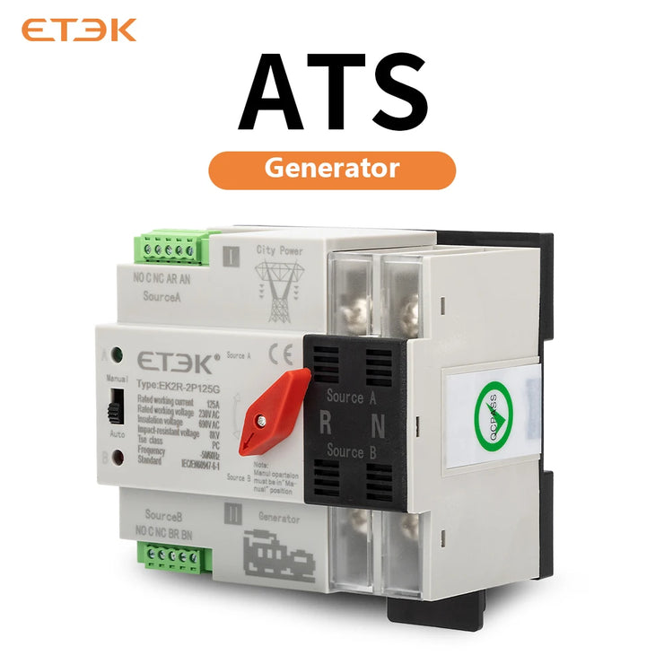 Interruptor de transferencia automático y/o manual (ATS) ETEK EK2R montaje en carril DIN