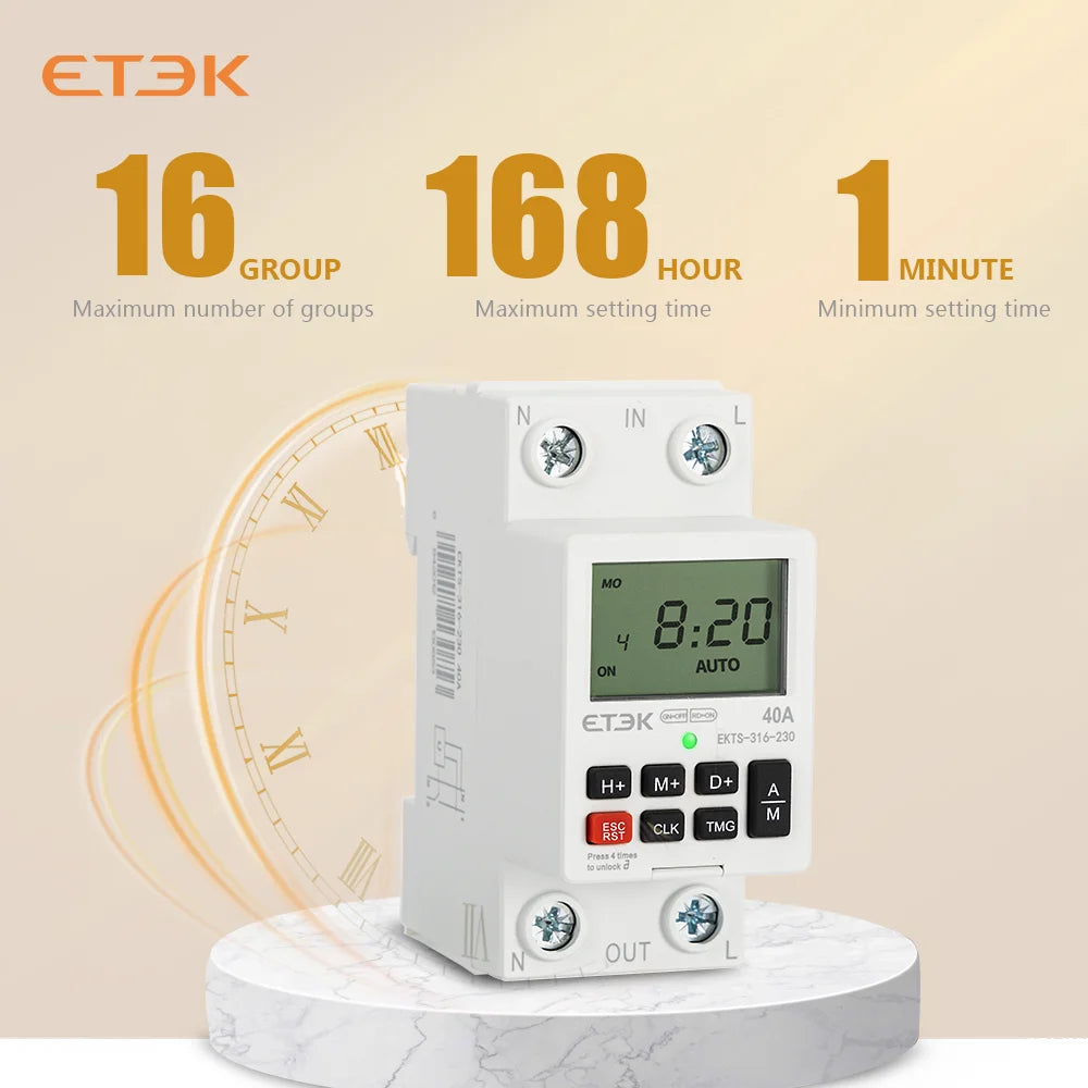 Temporizador Digital Semanal Programable ETEK EKTS316 220V 40A con Montaje en Carril DIN y Batería de Respaldo