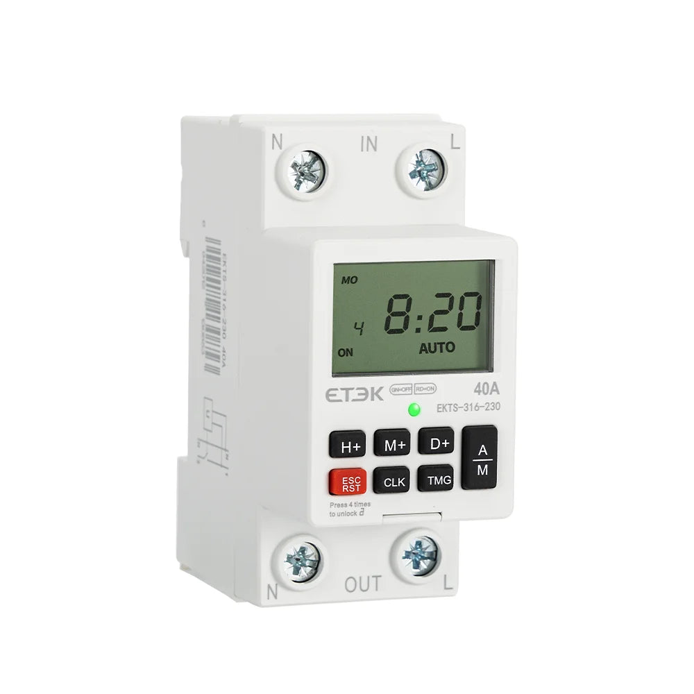 Temporizador Digital Semanal Programable ETEK EKTS316 220V 40A con Montaje en Carril DIN y Batería de Respaldo