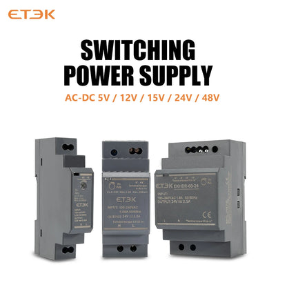 Fuente de Alimentación Industrial Ultra Fina ETEK EKHDR 12V / 24V | 15W / 60W | Montaje en Riel DIN | Protección contra Cortocircuitos