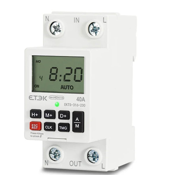 Temporizador digital semanal programable ETEK EKTS316 230V 40A, montaje en carril DIN