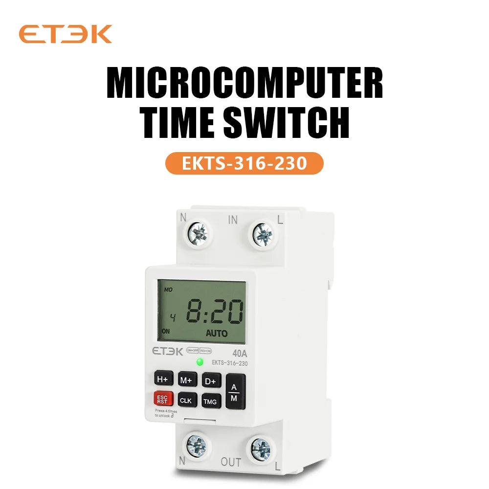 Temporizador Digital Semanal Programable ETEK EKTS316 220V 40A con Montaje en Carril DIN y Batería de Respaldo