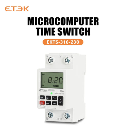 Temporizador Digital Semanal Programable ETEK EKTS316 220V 40A con Montaje en Carril DIN y Batería de Respaldo