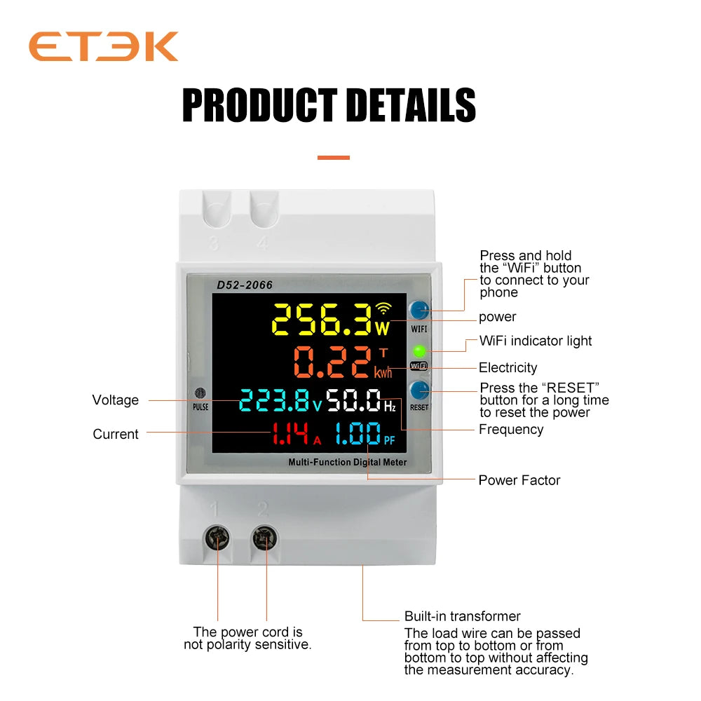 Medidor Multifunción Inteligente ETEK EKD52 6 en 1 | Montaje en Carril DIN | Monitoreo de Voltaje, Corriente, Potencia, Energía, Frecuencia y Factor de Potencia | 100A | App TUYA