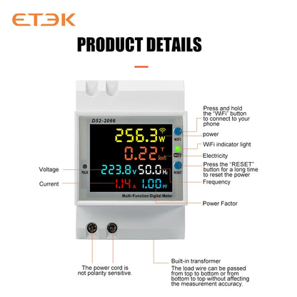 Medidor Multifunción Inteligente ETEK EKD52 6 en 1 | Montaje en Carril DIN | Monitoreo de Voltaje, Corriente, Potencia, Energía, Frecuencia y Factor de Potencia | 100A | App TUYA