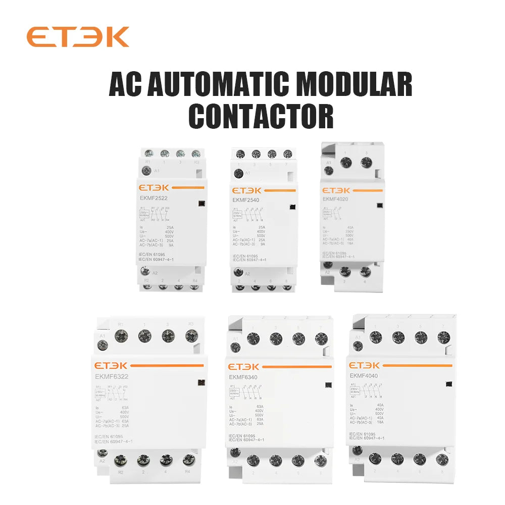 Contactor modular ETEK EKMF 3P+N 25–63A 400V AC, montaje en carril DIN