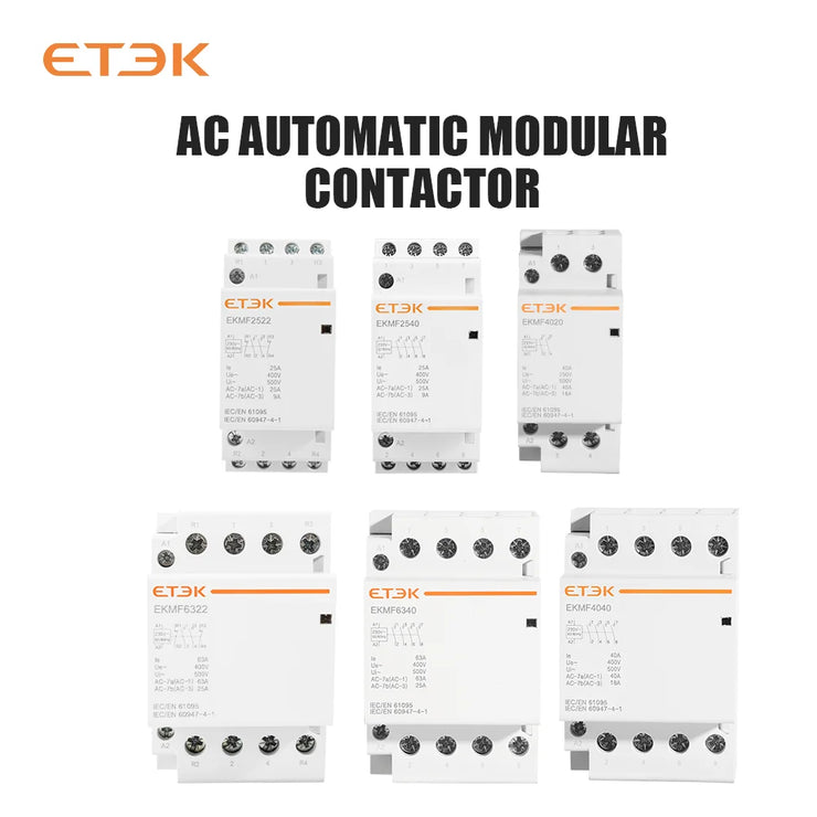 Contactor modular ETEK EKMF 3P+N 25–63A 400V AC, montaje en carril DIN