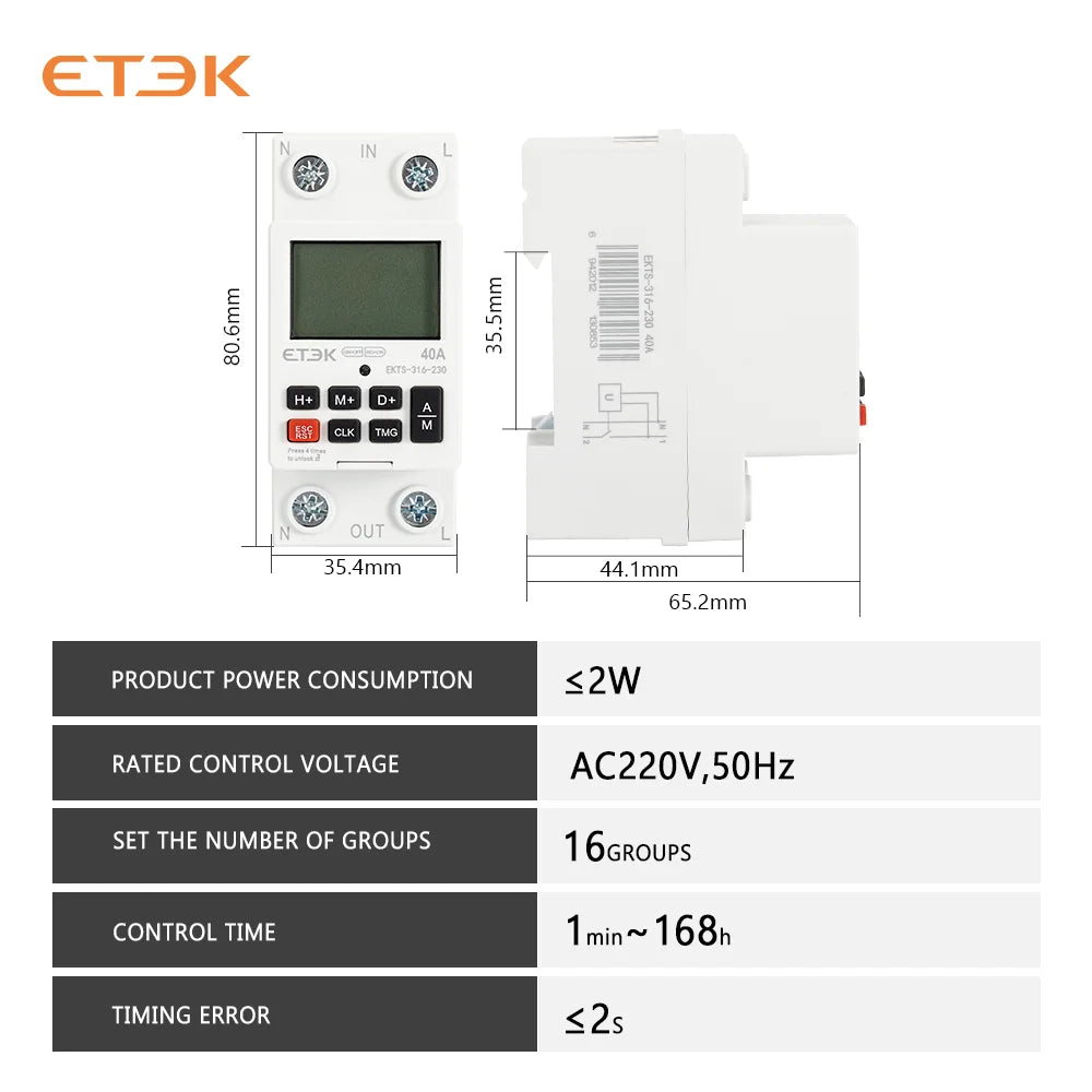 Temporizador Digital Semanal Programable ETEK EKTS316 220V 40A con Montaje en Carril DIN y Batería de Respaldo